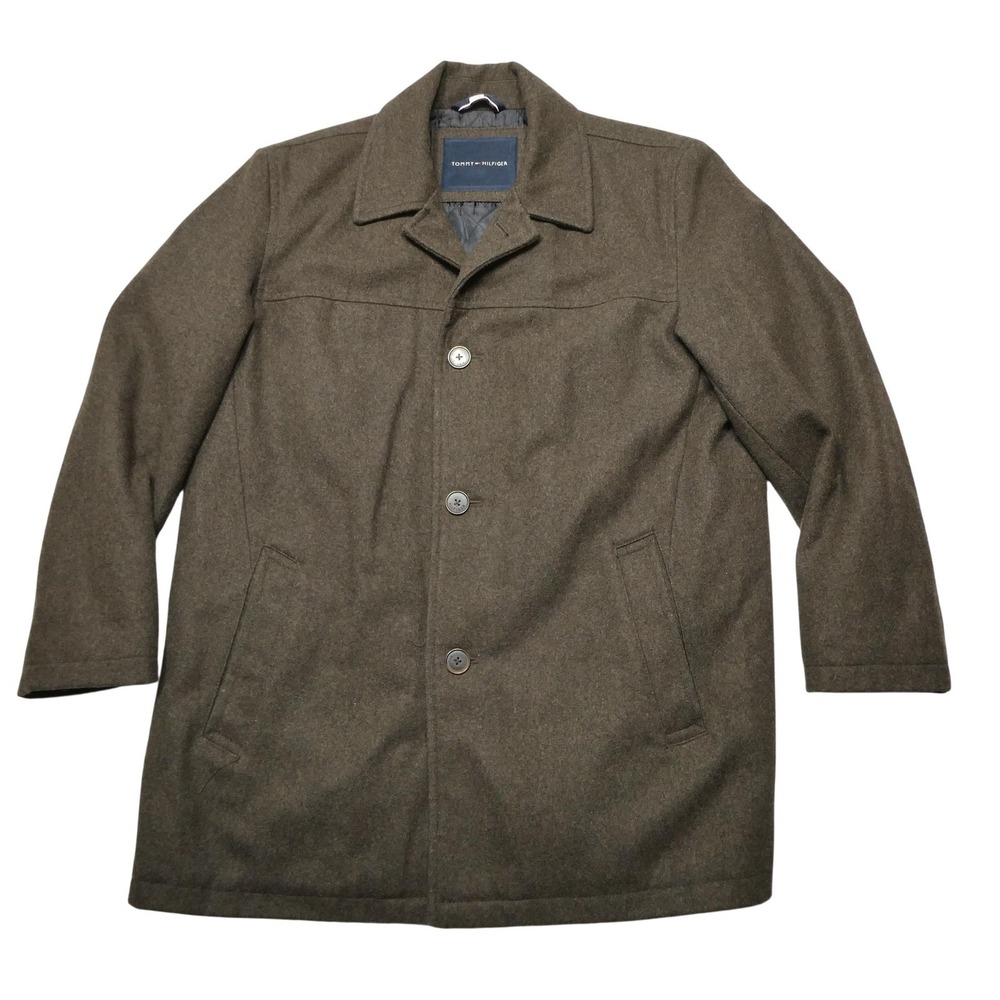 Tommy Hilfiger Coat Mens XL Brown Wool Overcoat Quilted Lined‎ Button Pockets